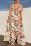 Pink Geometric Print Sleeveless Backless With Pocket Lace Up Halter Loose Casual Vacation Straight Jumpsuits