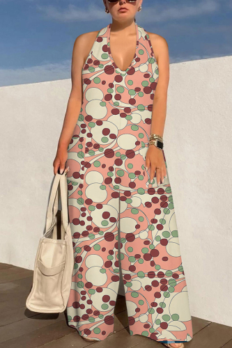 Pink Geometric Print Sleeveless Backless With Pocket Lace Up Halter Loose Casual Vacation Straight Jumpsuits