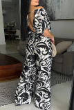Green Casual Leaf Print V Neck Short Batwing Sleeve Backless Tie-back Loose Casual Vacation Wide Leg Jumpsuits