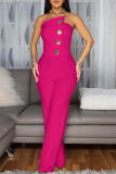 Rose Red Sleeveless Backless Strapless Button Up Straight Fitted Casual Party Tube Jumpsuits
