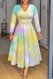 Purple Graphic Print V Neck Long Sleeve High Waisted A-line Fitted Casual Vacation Plus Size Maxi Dresses