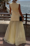 White Kintted V Neck Sleeveless Button up Waistcoat and Gauze See-through Maxi Skirts Casual Vacation Two Piece Dress Sets