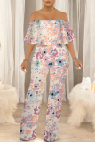 Blue Floral Print Off Shoulder Ruffled Short Sleeve Fitted Casual Vacation Straight Jumpsuits