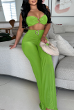 Green Sleeveless Backless Metal Accessories Trim Halter Crop Tops and Wide Leg Pants Casual Vacation Two Piece Trouser Sets