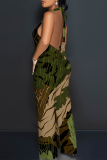 Pink Geometric Print Sleeveless Backless With Pocket Lace Up Halter Loose Casual Vacation Straight Jumpsuits