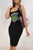 Black Shamrock Stripe Print U Neck Sleeveless Bodycon Casual Vacation Vest Midi Dresses