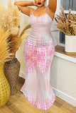 Green Graphic Floral Print Sleeveless Backless Fitted Casual Party Vacation Plus Size Maxi Slip Dresses
