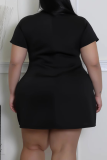 White Casual Contrast Turndown Collar Short Sleeve Fitted Plus Size Mini Dresses