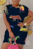 Dark Blue Floral Animal Print O Neck Short Sleeve Loose Casual Outing Plus Size Mini T-shirt Dress
