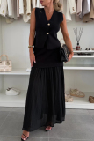 White Kintted V Neck Sleeveless Button up Waistcoat and Gauze See-through Maxi Skirts Casual Vacation Two Piece Dress Sets