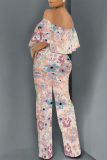 Blue Floral Print Off Shoulder Ruffled Short Sleeve Fitted Casual Vacation Straight Jumpsuits