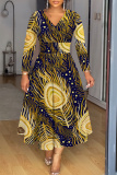Multicolor Floral Print V Neck Long Sleeve High Waisted A-line Fitted Casual Vacation Plus Size Maxi Dresses