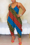 Pink Casual Leopard Colorblock Print Sleeveless Backless Harem Loose Plus Size Cami Jumpsuits