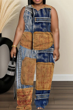 Blue Khaki Casual Faux Denim Print V Neck Sleeveless Tops and Wide Leg Pants Two Piece Trouser Sets