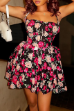 Black Rose Red Floral Print Sleeveless Backless Tie-front Halter A Line Fitted Casual Party Vacation Maxi Slip Dresses