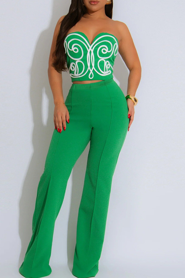 Green Abstract Print Sleeveless Strapless Tube Tops and Straight Pants Casual Party Club Wear Two Piece Trouser Sets