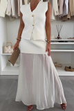 White Kintted V Neck Sleeveless Button up Waistcoat and Gauze See-through Maxi Skirts Casual Vacation Two Piece Dress Sets