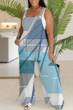Light Blue Abstract Leopard Floral Print Sleeveless Backless Button up Casual Vacation Plus Size Wide Leg Slip Jumpsuits