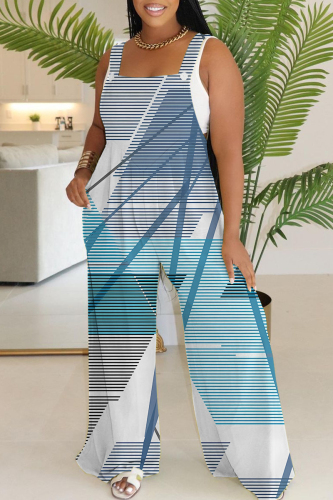 Light Blue Abstract Leopard Floral Print Sleeveless Backless Button up Casual Vacation Plus Size Wide Leg Slip Jumpsuits