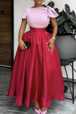Red Purple O Neck Short Sleeve Bow Decor High Waist A-line Fitted Party Evening Maxi Dresses