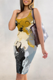 Light Yellow Geometric Floral Print U Neck Sleeveless Bodycon Casual Vacation Midi Slip Dresses