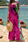 White Abstract Print Sleeveless Backless Button up Casual Vacation Plus Size Wide Leg Slip Jumpsuits