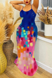Blue Pink Plant Floral Print Sleeveless Backless Fitted Casual Party Vacation Plus Size Maxi Slip Dresses