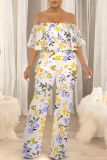 Blue Floral Print Off Shoulder Ruffled Short Sleeve Fitted Casual Vacation Straight Jumpsuits
