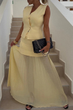 White Kintted V Neck Sleeveless Button up Waistcoat and Gauze See-through Maxi Skirts Casual Vacation Two Piece Dress Sets