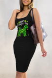 Black Shamrock Stripe Print U Neck Sleeveless Bodycon Casual Vacation Vest Midi Dresses