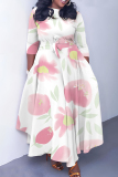 Pink Floral Print O Neck 3/4 Sleeve Belted Fitted A-line Casual Vacation Plus Size Maxi Dresses