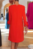 Red O Neck Long Sleeve 3D Flower Decor Casual Party Evening Straight Midi Dresses