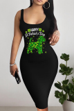 Black Shamrock Stripe Print U Neck Sleeveless Bodycon Casual Vacation Vest Midi Dresses
