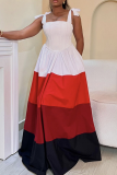 White Red Colorblock Square Collar Sleeveless Lace up High Waist Fitted A-lline Party Vacation Maxi Slip Dresses