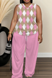 Blue Cartoon Print V Neck Sleeveless Tops and Drawstring Wide Leg Pants Plus Size Two Piece Trouser Sets