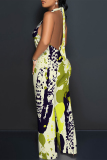 Pink Geometric Print Sleeveless Backless With Pocket Lace Up Halter Loose Casual Vacation Straight Jumpsuits