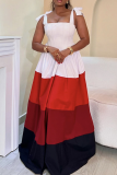 White Red Colorblock Square Collar Sleeveless Lace up High Waist Fitted A-lline Party Vacation Maxi Slip Dresses