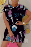 Dark Blue Floral Animal Print O Neck Short Sleeve Loose Casual Outing Plus Size Mini T-shirt Dress