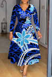 Multicolor Floral Print V Neck Long Sleeve High Waisted A-line Fitted Casual Vacation Plus Size Maxi Dresses