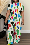 White Green Casual Abstract Leopard Print O Neck Short Sleeve T-shirt and Wide Leg Pants Two Piece Trouser Sets