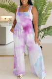 Light Blue Abstract Leopard Floral Print Sleeveless Backless Button up Casual Vacation Plus Size Wide Leg Slip Jumpsuits