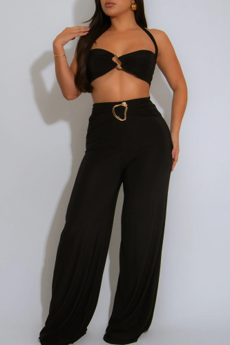 Green Sleeveless Backless Metal Accessories Trim Halter Crop Tops and Wide Leg Pants Casual Vacation Two Piece Trouser Sets