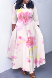 Pink Floral Print O Neck 3/4 Sleeve Belted Fitted A-line Casual Vacation Plus Size Maxi Dresses