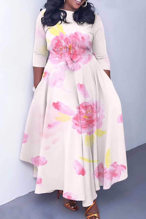 Pink Floral Print O Neck 3/4 Sleeve Belted Fitted A-line Casual Vacation Plus Size Maxi Dresses