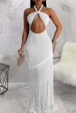 White Sleeveless Backless Fringed Trim Cut Out Twist Rope Bodycon Party Evening Halter Maxi Dresses