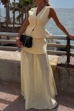White Kintted V Neck Sleeveless Button up Waistcoat and Gauze See-through Maxi Skirts Casual Vacation Two Piece Dress Sets
