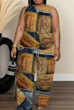 Blue Khaki Casual Faux Denim Print V Neck Sleeveless Tops and Wide Leg Pants Two Piece Trouser Sets
