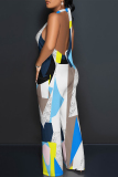 Pink Geometric Print Sleeveless Backless With Pocket Lace Up Halter Loose Casual Vacation Straight Jumpsuits