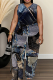 Blue Khaki Casual Faux Denim Print V Neck Sleeveless Tops and Wide Leg Pants Two Piece Trouser Sets