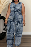 Blue Khaki Casual Faux Denim Print V Neck Sleeveless Tops and Wide Leg Pants Two Piece Trouser Sets